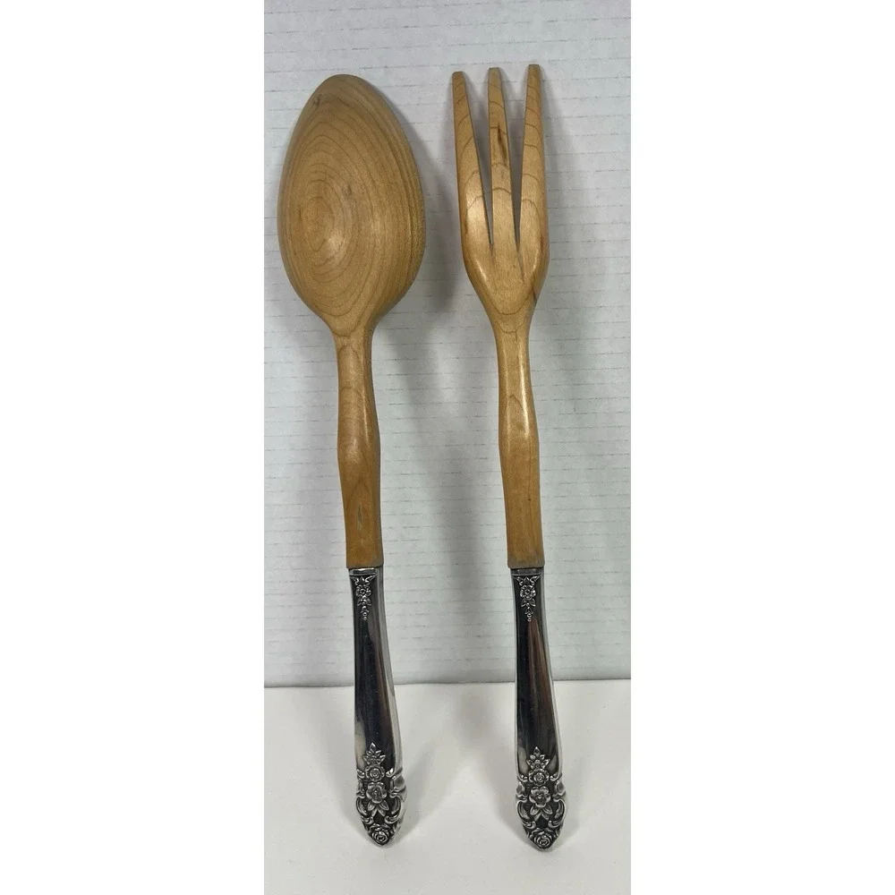 Oneida Prestige Distinction Wooden Teak Silverplate Salad Serving Fork Spoon Set